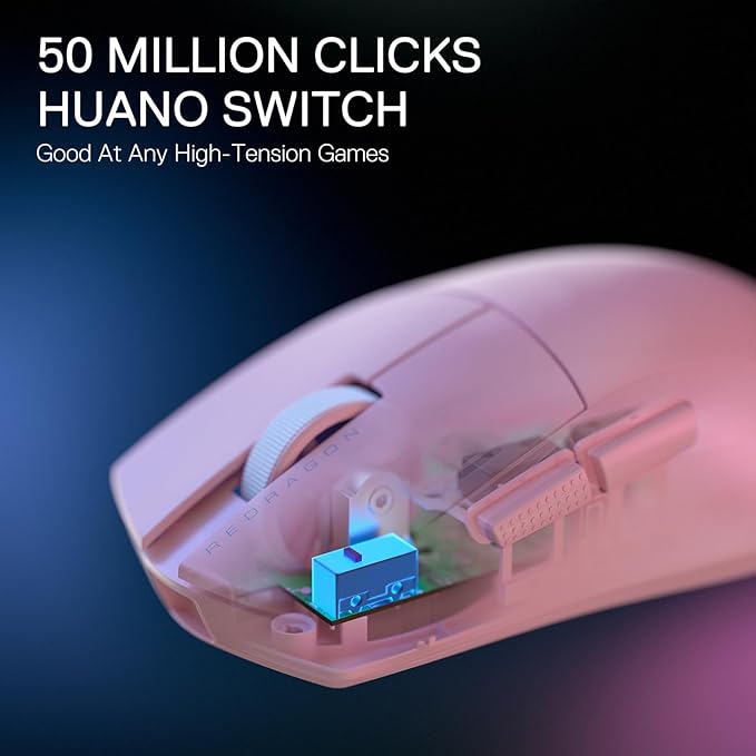 Redragon M916 PRO 3-Mode Wireless Gaming Mouse, 49G Ultra-Light 26K DPI Mouse w/Ergonomic Natural Grip Build, Full Programmable Buttons, Software Supports DIY Keybinds & DPI (1K Hz, Pink)