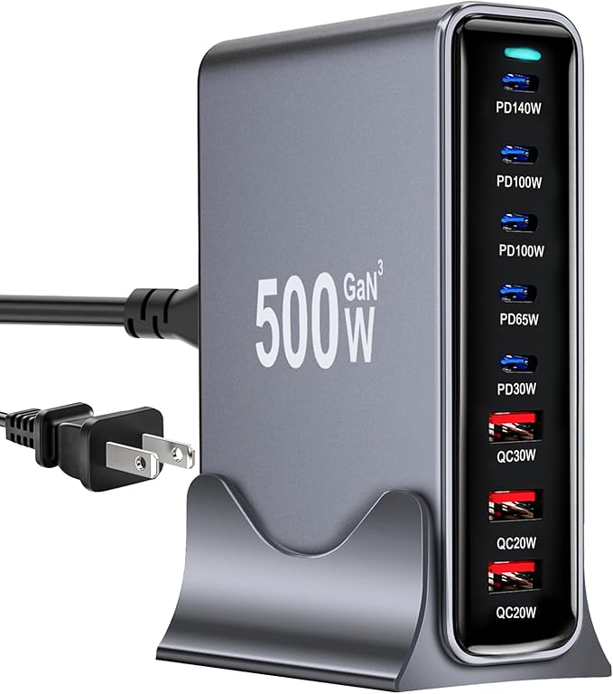 500W USB C Fast Charger Block, PD 3.1 140W USB C Charging Station, GaN Ⅲ Pro 8 Port PD PPS Fast Charging Station for Multiple Devices,Laptop Wall Charger Compatible with MacBook/iPad/iPhone 17/16 etc