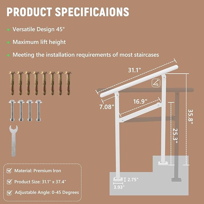 Hand Rails for Outdoor Steps,1-2 Step Railing for Stairs,Adjustable Porch Railing,Hand Rails for Seniors,Outdoor Deck Handrails for Exterior Steps,White