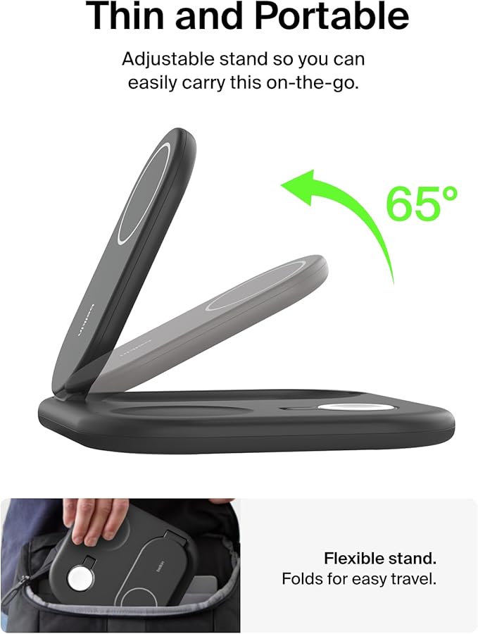 Belkin 3-in-1 MagSafe-Compatible iPhone Charger 15W, Foldable Magnetic Qi2-Certified Wireless Charging Station for iPhone 16, Apple Watch Series 10, AirPods 4, and More, w/Non-Slip Base & PSU - Black