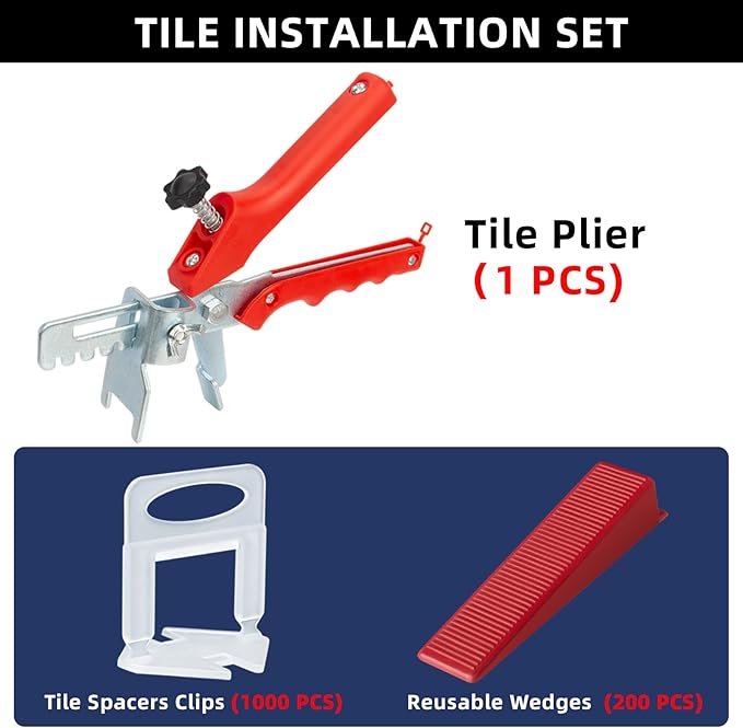 Tile Leveling System with Tile Plier, 1000-Piece Tile Spacers Clips and 200-Piece Reusable Wedges, Tile Leveler Tool Set for Ceramic Tile and Stone Installation (1/16 Inch Tile Spacers)