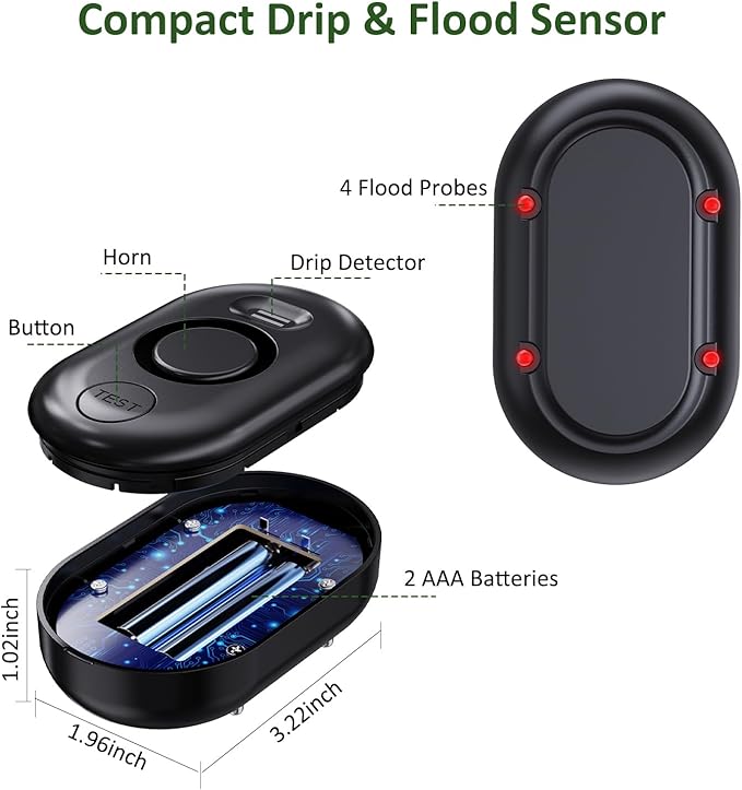 Water Leak Detector for Home, 100dB Water Sensor Alarm for Basement, Leakage Detection Device for Under Sink/Pipe/Drain Drip, Floor Flood in Bathroom/Kitchen/Toilet/Laundry Room, Model: WD61, Black