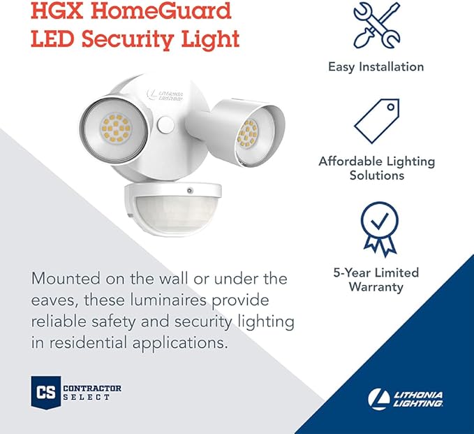 Lithonia Lighting HomeGuard 2-Light LED Outdoor Flood Lights, Motion Sensor Outdoor Lights with Dusk to Dawn, 4000K Cool White, Round Heads, Dark White (HGX LED 2RH 40K 120 MO WH M2)