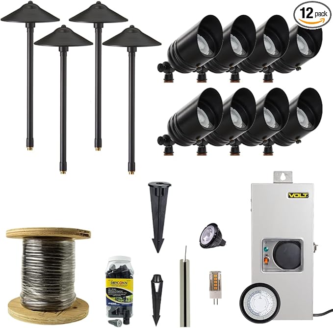 VOLT 12V Black Brass LED Landscape Lighting Kit (8 Spotlights, 4 Path Lights) with 150W Low Voltage Transformer for House, Yard, Outdoor Pathway, Walkway, Garden, Driveway or Patio