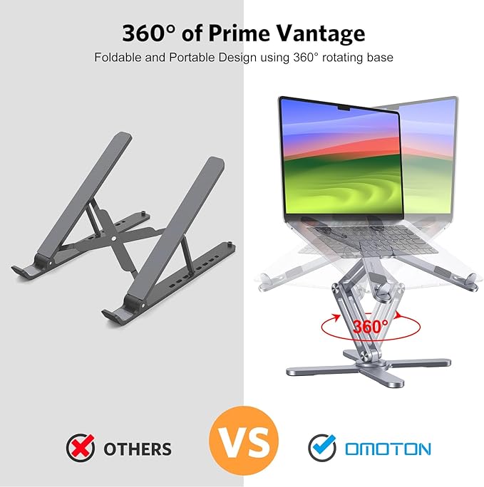 OMOTON 360° Rotating Laptop Stand Riser for Desk, Ergonomic Foldable Computer Stand Adjustable Height Angles for Collaborative Work, Easy Storage Fit Macbooks,All Laptops up to 16 inches, Space Grey