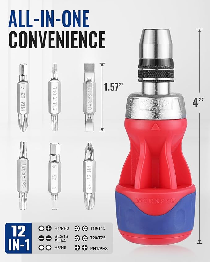 WORKPRO 12-in-1 Stubby Ratcheting Multi-bit Screwdriver, Short Screw Drivers with Magnetic, Quick-load Mechanism, Premium S2 Steel, Small Screwdriver with Double End Bits in Handle