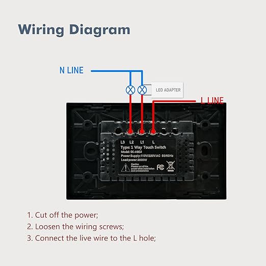 Light Switch No Neutral Wire,Single Live Wire Light Switch No WiFi,Tempered Glass Panel,Total Power Maximum 1000W,FCC Certification,Black 2 Gang
