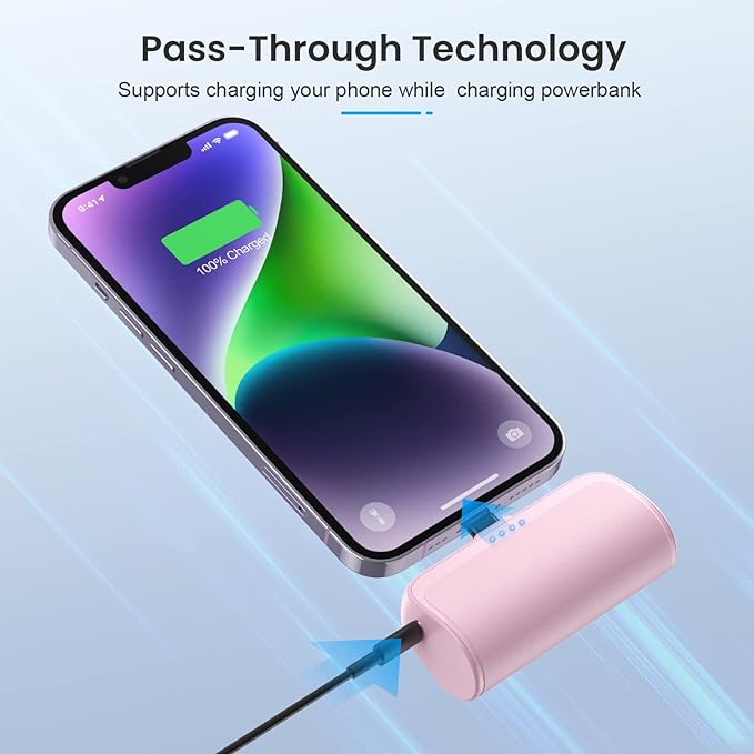 [2 Pack]Mini Portable Charger for iPhone,5200mAh Ultra-Compact Fast Charging Power Bank Cordless Cute Small Smart Battery Pack Compatible with iPhone 14/14 Pro Max/13/13 Pro/12/XR/8/7/6(Pink+Purple)