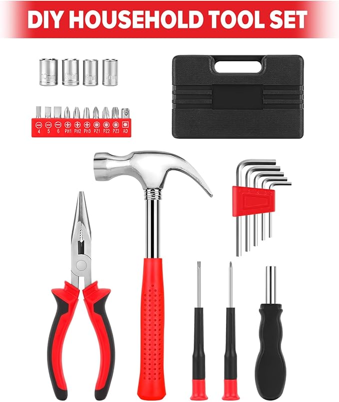 25pcs General Household Tool Set, Home Tool Kit with Plastic Toolbox for DIY, Maintenance, Perfect for Students & Homeowners