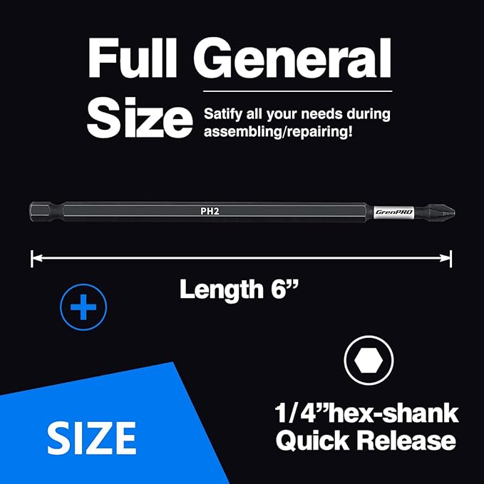 Screwdriver Power Bits PH2-6IN*10pcs Magnetic Phillips #2 Insert Bits S2 Steel Anti-Slip Long Screwdriver Bit Set 1/4 Inch Hex Shank Impact Tough Screws Drive Bits