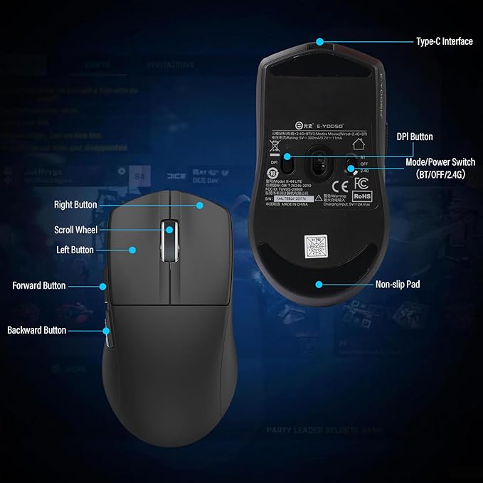 XuanGui Wireless Gaming Mouse,2.4G/BT/USB-C Wired,5-Level DPI 4000 Max,50g Lightweight,1000Hz Polling Rate,Macro Program,Side Buttons,44-Hour Battery Life,For Laptop/PC/Computer/Mac/Tablet (Black-2)