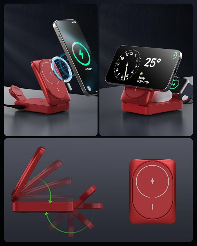 3-in-1 Wireless Charger Charging Station for iPhone, 15W Fast Charging Foldable Magnetic Charger Stand with 30W USB C Adapter for MagSafe iPhone 16/15/14/13/12, Apple Watch, AirPods