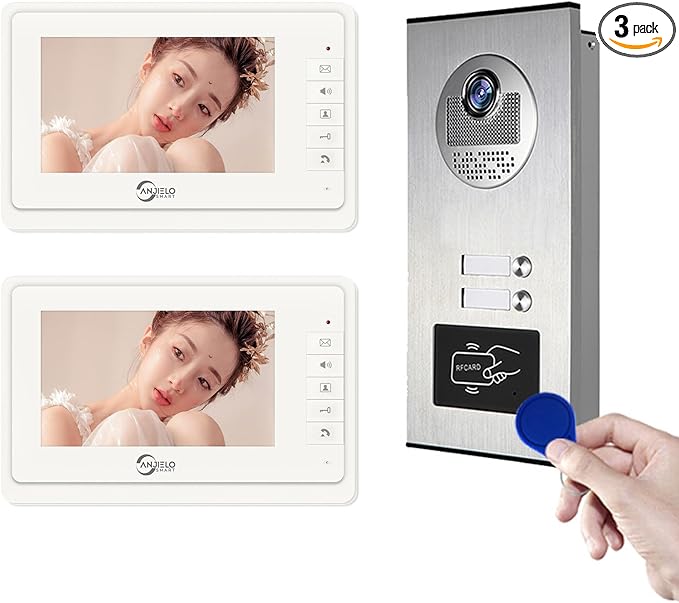 Wired Video Apartment Intercom System,6 Units 7 inch Monitor Video Door Phone Kit,Indoor Outdoor Video Doorbell, ID Card Unlock, 2 Way Audio, 6-Screen for Home Apartment (1 Doorbell+2 Monitor)