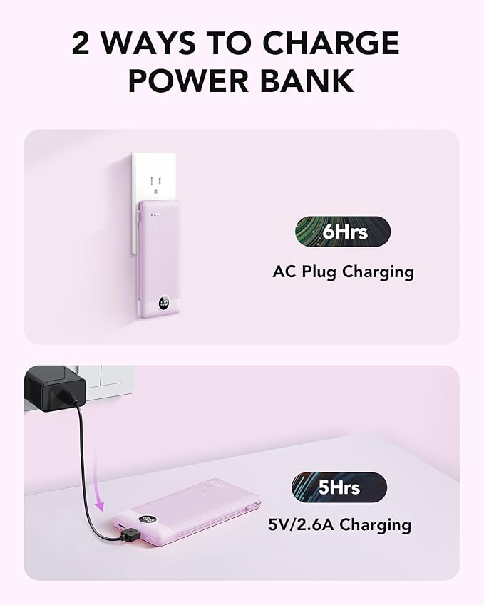 VRURC Portable Charger Built-in Cables and AC Wall Plug, USB C Power Bank 10000mAh, Travel Essentials Phone Charger Compact Lightweight External Battery Pack for Smart Phones, Tablets etc-Purple