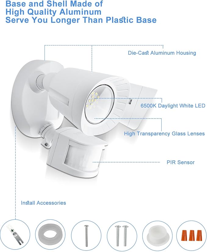 UFOND LED Security Lights Outdoor Motion Sensor Light，2400 Lumen All Aluminum Floodlight,Waterproof,Angle Adjustable,6500K,4 Modes,for Garage Porch Balcony Patio