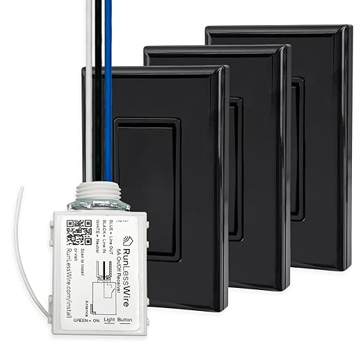 RunLessWire 4-Way Battery-Free DIY Wireless Light Switch Kit 150ft RF Range Self-Powered by Kinetic Energy for Hallways & Stairways: 3 Remote Switches Control 1 5A On/Off Receiver – Black