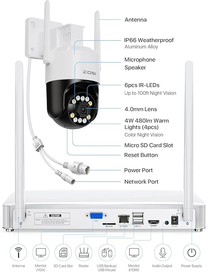 ZOSI 2K Wireless Security Camera System,4pcs 3MP Pan/Tilt Cameras Outdoor Indoor,Night Vision,Spotlight Siren,AI Human Detection,8CH 3MP WiFi Surveillance NVR with 1TB HDD for 24/7 Recording