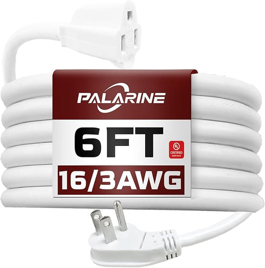 Indoor Flat Plug White Extension Cord 6ft, UL Listed, 16/3 SJTW 3 Prong Heavy Duty, 16 Gauge 13A Power Cord for Lights, Appliance, Home, Office