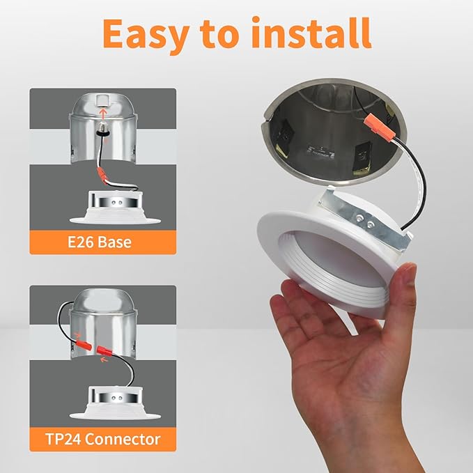 Peteme E26 Retrofit LED Recessed Lighting 4 Inch, IC Rated ETL Certified Smart Can Light Baffle Trim Style, RGBCW Dimmable Color Changing Soffit Downlight Compatible with Alexa/Google, 800LM, 6 Pack