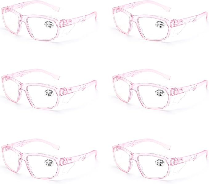 ProtectX Stylish Anti-Fog & Scratch-Resistant Safety Glasses With Readers, UV Protection Goggles, Anti-Impact Lightweight Glasses for Men＆Women Pink Reading 3.0-6 Pack