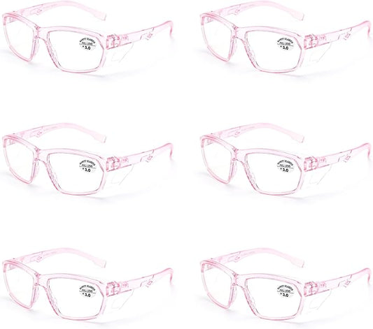 ProtectX Stylish Anti-Fog & Scratch-Resistant Safety Glasses With Readers, UV Protection Goggles, Anti-Impact Lightweight Glasses for Men＆Women Pink Reading 3.0-6 Pack