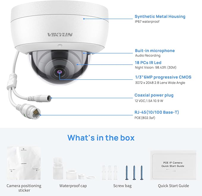 VIKYLIN 4K 8MP PoE IP Dome Camera Outdoor/Indoor, 4K PoE Vandal Dome Security Camera with Human Vehicle Detection,2.8mm Lens,98ft Night Vision,Built-in Mic,IK10/IP67,Blue Iris,NDAA Compliant(Not PTZ)