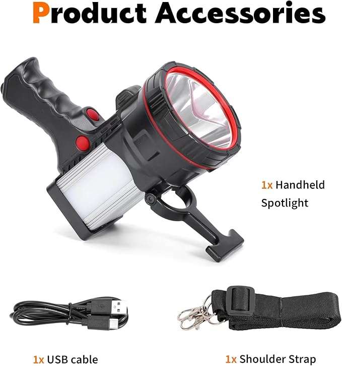 Super Bright Handheld Spotlight Rechargeable LED Flashlight Long Lasting Large Searchlight with USB Output Charger for Outdoor (Yellow Light)