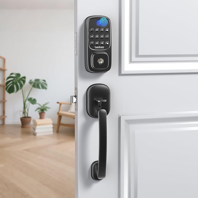 Smart Door Lock with Handle, Keyless Entry Door Lock Deadbolt Handle Set, Built-in WiFi Deadbolt Smart Lock for Front, Fingerprint, Keypad Code, App Control, Voice Control (Black)
