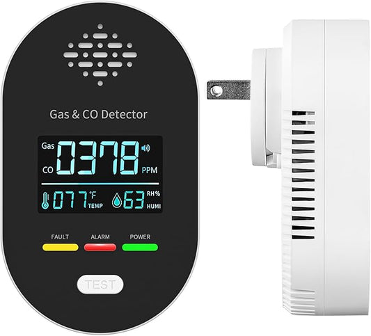 Carbon Monoxide Detectors,Plug in CO and Natural Gas Detector, Combination Gas & Carbon Monoxide Detectors for Travel with Temperature Humidity Display, 4 in 1 CO & Gas Detector for Home/Travel-Black
