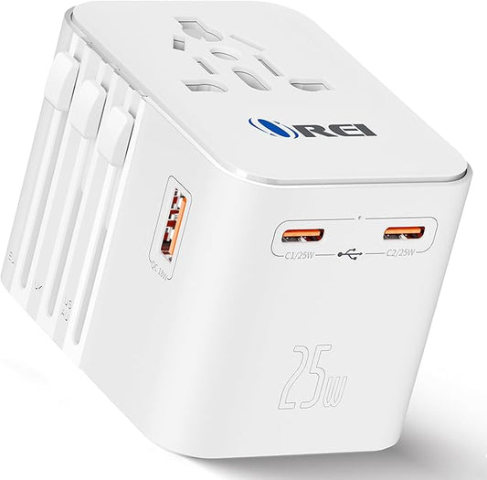 OREI 25Watt Universal Travel Adapter | 2X USBC 1XUSB A - 4-in-1 Universal Power Adapter | Universal Chargers for All Devices compatible 150+ Countries | Type C, A, G, I Compatible