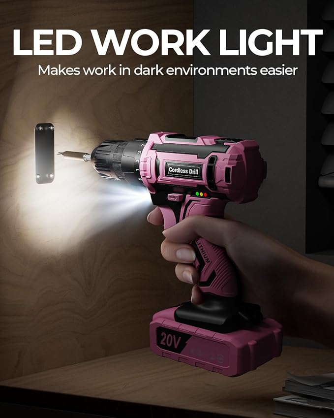 Pink Cordless Drill Set, 20V Electric Power Drill for Women, Lightweight Electric Screwdriver Driver with Power Pack & Charger, 3/8" Keyless Chuck, Womens Tool Kit for House
