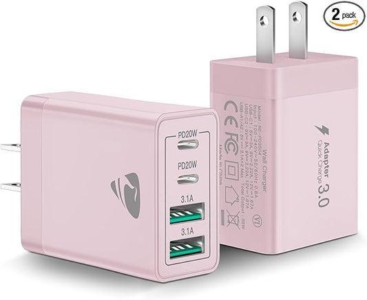 40W USB C Charger Cube, 2-Pack Fast Charging Block, 4-Port QC Wall Plug +PD 3.0 Power Adapter Multiport Brick Type C Charger Block for iPhone 15/15 Pro/15Plus/14/14 Pro/13/12/11,iPad, Airpods,Samsung