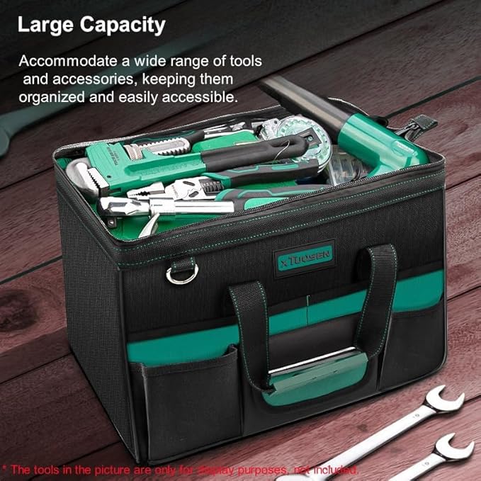 Tool Bag Heavy Duty 16.5-Inch with 16 Pockets Portable Handle Adjustable Shoulder Strap Waterproof Wide Mouth Tools Storage Organizer Carry Tote Box for Craftsman Electrician Mechanic (15-Inch)