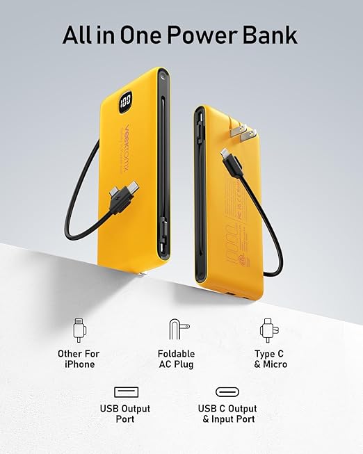 VEEKTOMX Portable Charger with Built in Cables 10000mAh, Power Bank for iPhone with Wall Plug, Travel Essential Fast Charging USB C Slim External Battery Pack for iPhone16/15/14, Samsung, iPad, etc