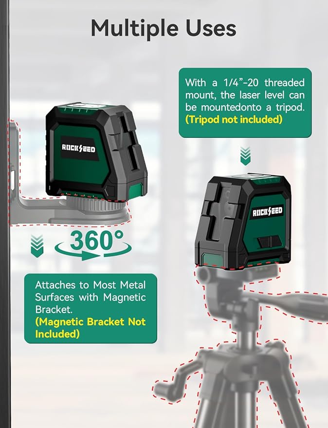 RockSeed Dual Modules Line Laser, Self Leveling Laser Level, Horizontal and 150° Vertical Green Beam, 2 AA Batteries, Carrying Bag, for Home Decoration/DIY/Construction Site