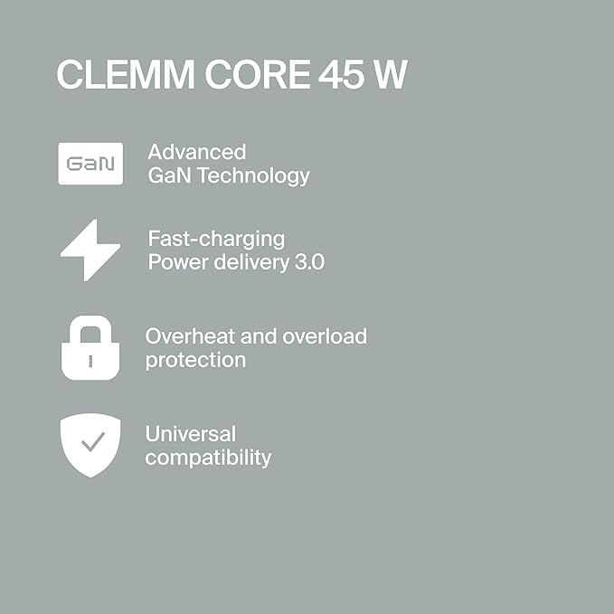 CLEMM Core 45W Dual USB-C Charger, Core GaN PPS, Power Adapter for iPhone 16/15/14/13/12/11/X, Galaxy S24 Ultra/S23 (Core 45W)
