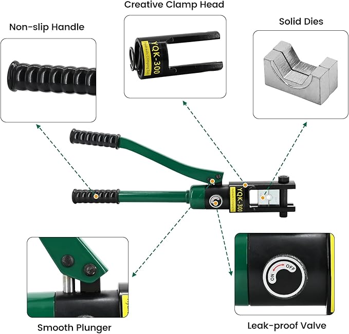 16T Hydraulic Battery Cable Crimper 8 AWG to 600 MCM Cable Crimping Tool Hydraulic Lug Crimper Electrical Terminal Wire Crimper with 13 Pairs of Dies Kit, Green