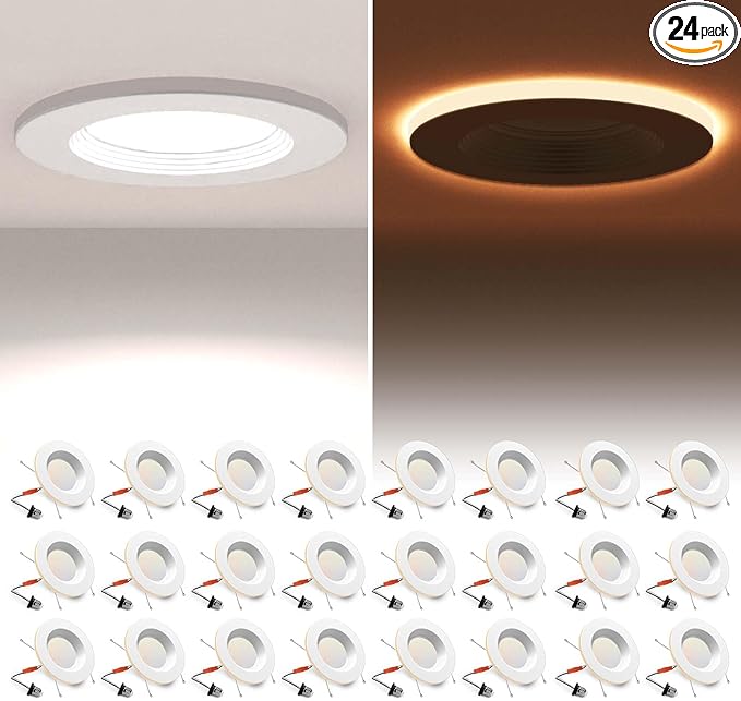 24 Pack 5/6 Inch LED Can Lights with Night Light, 5CCT Retrofit Recessed Lighting Selectable 2700K-6000K Dimmable, 12W=75W, 1200LM Downlight with Metal Smooth Trim - ETL and Energy Star