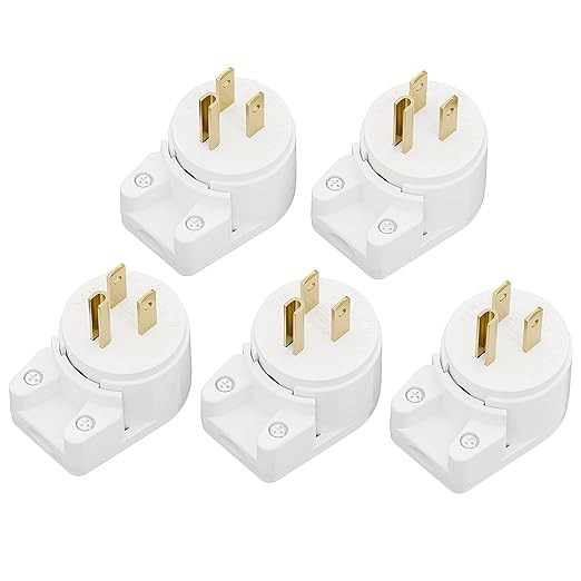 12-Direction Adjustable Nema 5-15P Right Angle AC Plug - 5 Pack, 15A, 125V, White, ETL Verified