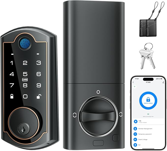 Smart Lock ST380, Built-in Wi-Fi, Fingerprint Keyless Entry Door Lock, Security Deadbolt Smart Locks for Front Door, App Remote Control & Auto Lock, IP56 Waterproof, (2025 Upgrade)