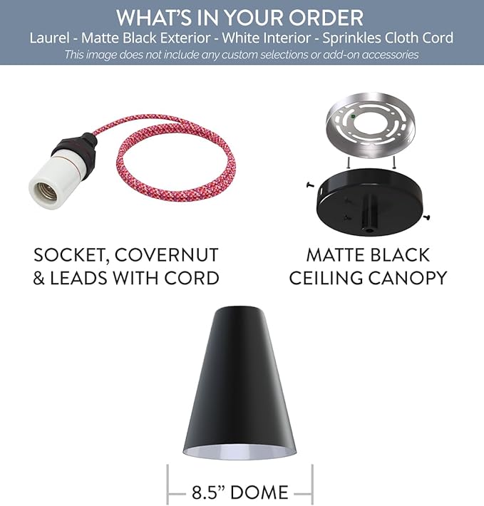 Steel Lighting Co. Laurel Pendant Light | Ceiling Mounted | 8.5 inch Cone Shade | Modern Contemporary Farmhouse Style Made in America | Sprinkles Cloth Cord | Matte Black Exterior/White Interior