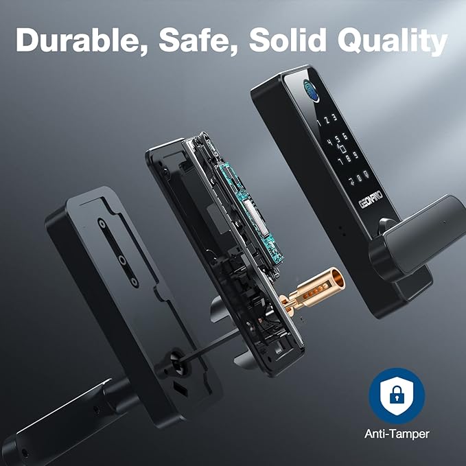 GEONFINO Smart Door Lock 6-in-1 Deadbolt with Keypad,Fingerprint Door Lock with Handle, Bluetooth Electronic Deadbolt for Home