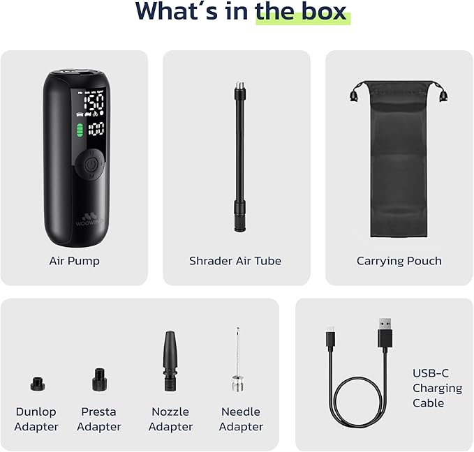 Woowind Tire Inflator Portable Air Compressor, Electric Bike Tire Pump with Gauge, Air Pump for Car Tires, 150PSI, Mobile Air Compressor for Car, Motorcycle