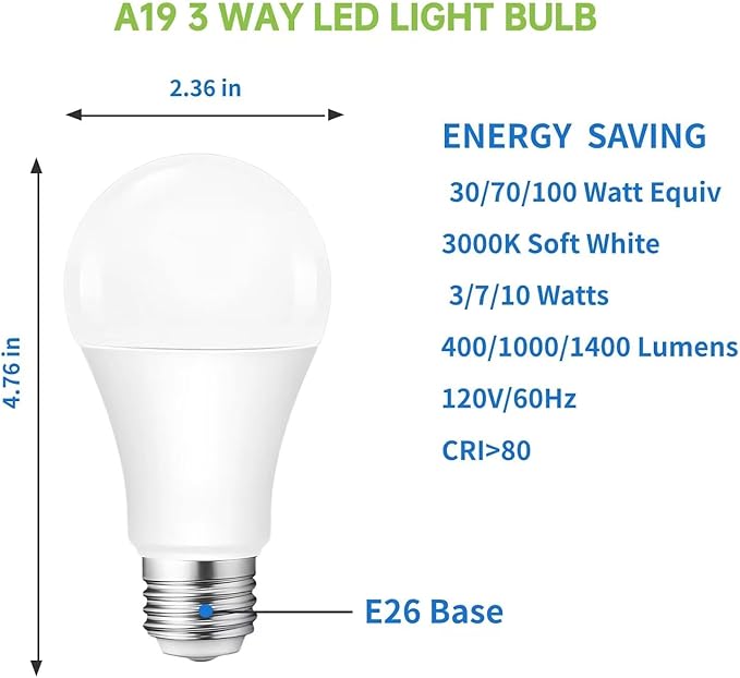 VVH 3-Way LED Light Bulb 3/7/10W - 30/70/100 Watt Equivalent, Soft White 3000K A19 E26 Base, Three Way Light Bulbs for Reading, Table Lamps & Floor Lamps 4-Pack