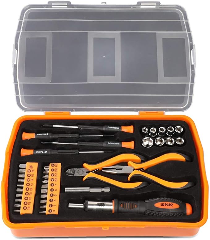DNA MOTORING 37pcs Handheld Tool & Complete Drill Bits Set, Home Repair Tool Set, Screwdriver, Pliers, Ratchet Bit Driver kit, Maintenance Tools kit, Orange/Black, TOOLS-00035