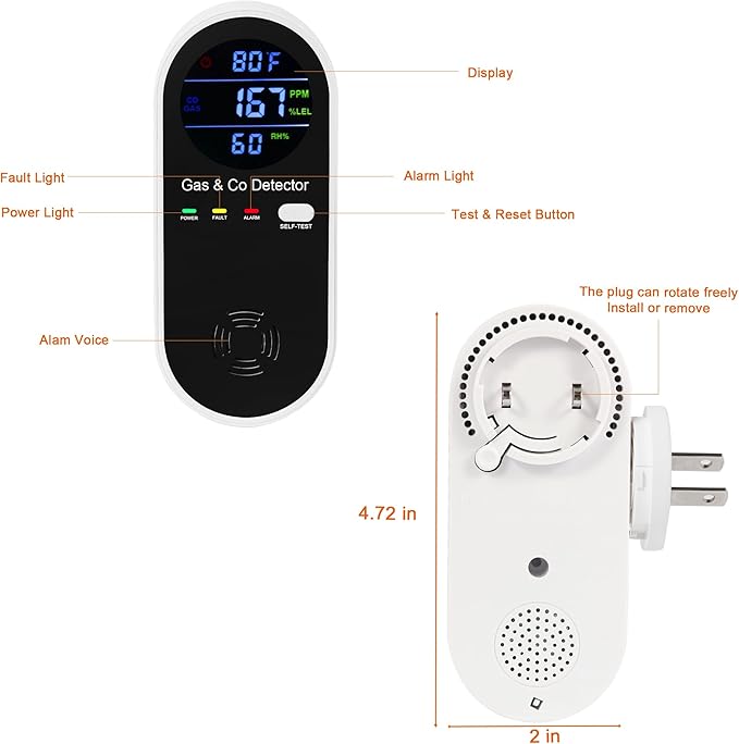 Combination Gas & Carbon Monoxide Detector, Plug in Carbon Monoxide Alarm,Natural Gas Detector,Propane,Methane,4-in-1 Combustible Gas & CO Detector with Fahrenheit(°F) & Humidity for Home,RV,Apartment