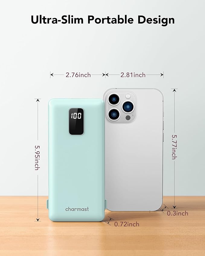 Charmast Portable Charger with Built-in Cables and Plug, 10000mAh USB C Power Bank Fast Charging 15W, External Battery Pack Slim, Travel Essentials Compatible with 16 15 14 13, Samsung Galaxy, iPad