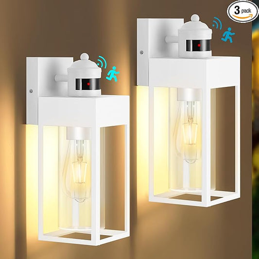 Motion Sensor Outdoor Wall Lanterns 2 Packs, Dusk to Dawn Exterior Light Fixture, 3 Lighting Modes, Waterproof Front Porch Lights for Garage Patio Garden House Entryway, White.