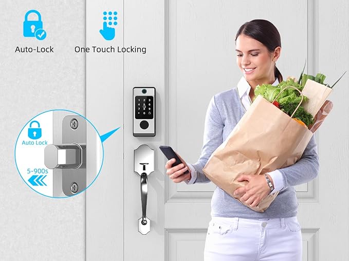 WiFi Front Door Lock Set - Miuedo Keyless Entry with Handle Keypad, Smart Deadbolt, Fingerprint, Auto Lock, Code, Fob, Remote Control - Silver
