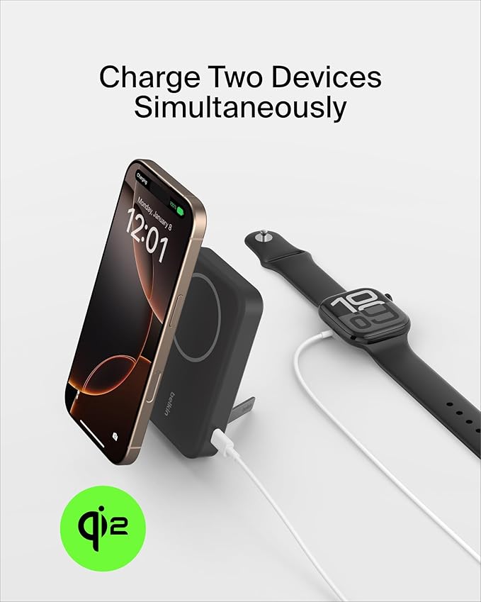 Belkin Portable Charger, Wireless Power Bank 15W 8000 mAh w/ Qi2 - MagSafe Charger w/Built-in Pop-up Kickstand - Compatible w/iPhone 16, 15, 14, 13, Plus, Pro, Max, Google Pixel 10, etc. - Black